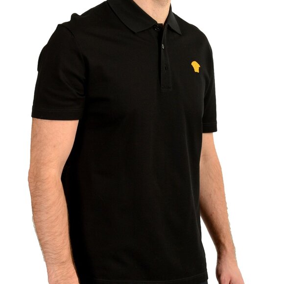 Versace Men's Taylor Fit Gold Logo Embroidery Black Polo Shirt US S IT 48 - Picture 2 of 5